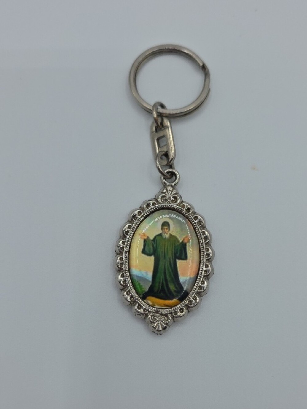 Religious Medallion Keychain with Vintage Holy Images - Silver Tone - Picture 2 of 6
